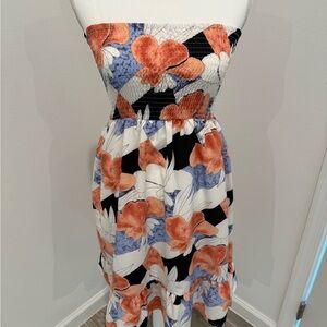 Floral Strapless Dress - Black, White, Orange